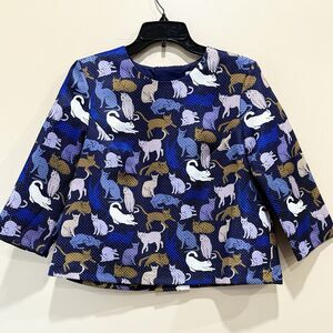 H&M Blue Kitty Cat Retro Novelty Print Cropped Boxy Cut 3/4 Sleeve Blouse Sz 10